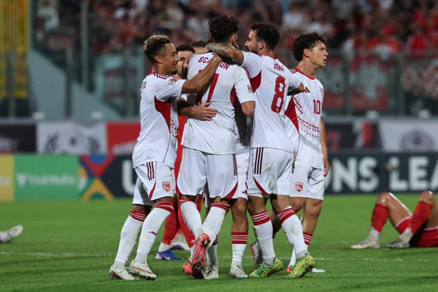 James Scanlon (2nd left) of Gibraltar is celebrated by his team mates after scoring the 1-1 goal during the UEFA Nations League, League D, Group D1 match between Malta and Gibraltar at the National Stadium, in Ta Qali, Malta, on 01 October, 2026. UEFA Nations League, League D, Group D1 Qualifying; UEFA Nations League;