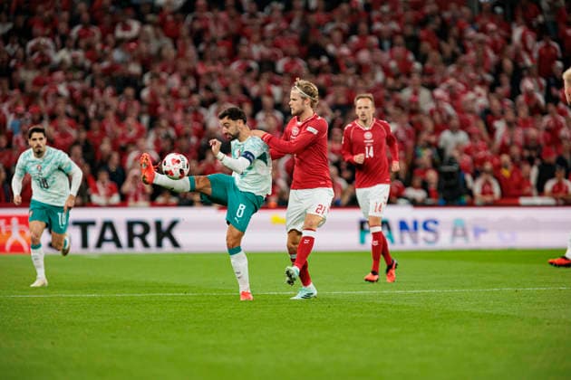Bruno Fernandes and Morten Hjulmand seen during UEFA Nations League Division A game between National Teams of Denmark and Portugal (Ernest Kolodziej Ball Raw Images) Copenhagen Parken Denmark Copyright: xErnestxKolodziejx ernestkolodziej_denmark_portugal_2627_3