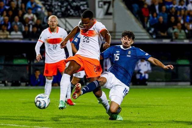 THESSALONIKI - Denzel Dumfries of the Netherlands shoots and scores the 2-2 but is disallowed by VAR during the UEFA Nations League match between Greece and the Netherlands at the Toumba Stadium on 1 October 2026 in Thessaloniki, Greece. MARCEL TER BALS ANP UEFA Nations League 2026 27 xVIxANPxSportx xMarcelxterxBalsxIVx 571099651 originalFilename: 571099651.jpg