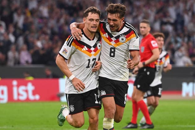 Florian WIRTZ (GER) and Tom BISCHOF (GER) celebrate a goal to make it 2–0; celebration, joy, excitement; action from the UEFA Nations League group stage, Group B, Matchday 3: Germany (GER) vs. Serbia (SRB) on October 1, 2026, ALLIANZ ARENA