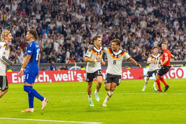 October 1, 2026, Germany vs. Serbia, Munich, October 1, 2026, Soccer, Nations League, 2026–2027 Season, Germany vs. Serbia; from left: Florian Wirtz, Tom Bischof (both Germany), celebrating the 2–0 goal by Wirtz