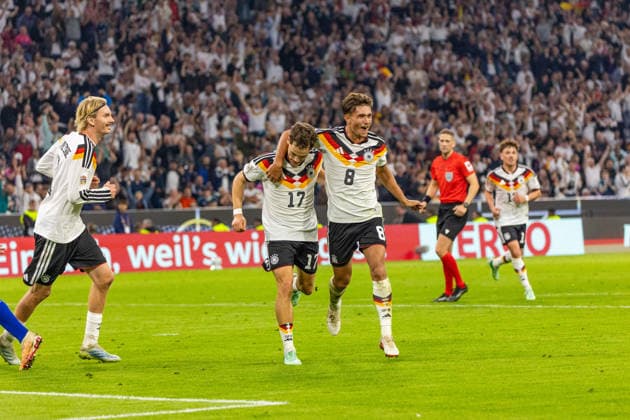 October 1, 2026, Germany vs. Serbia, Munich, October 1, 2026, Soccer, Nations League, 2026–2027 Season, Germany vs. Serbia; from left: Florian Wirtz, Tom Bischof (both Germany), celebrating the 2–0 goal by Wirtz