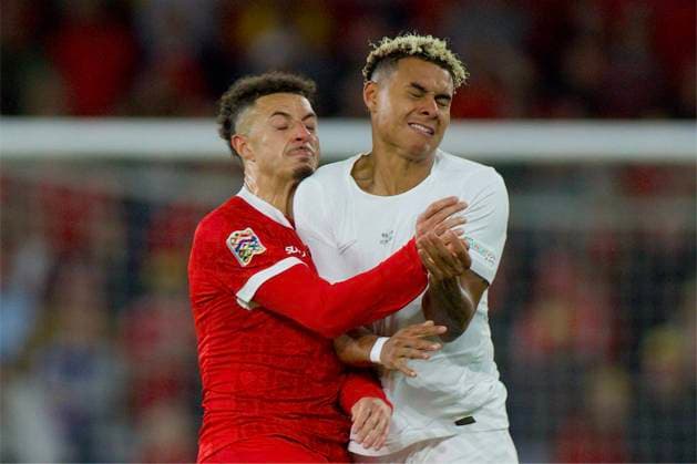 RECORD DATE NOT STATED Football - UEFA Nations League - Group A4 - Wales v Norway CARDIFF, WALES - Thursday, October 1, 2026: Wales Ethan Ampadu and Norway s Antonio Nusa during the UEFA Nations League Group A4 Matchday 3 match between Wales and Norway at the Cardiff City Stadium. (Photo by David Rawcliffe Propaganda) CARDIFF Cardiff City Stadium CARDIFF WALES  Copyright: xDavidxRawcliffex 2026-10-01-Wales_v_Norway-081