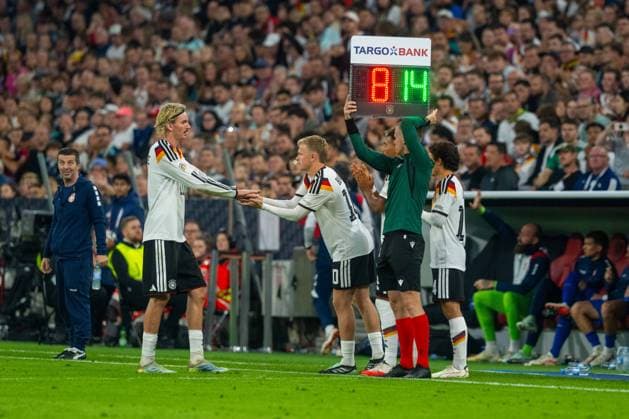 Soccer, Men s, 2026–27 Season, UEFA Nations League League A, Group 2, Matchday 3 in Munich, Germany vs. Serbia; from left: Nick Woltemade (Germany), Jonathan Burkardt (Germany), Bambase Conte (Germany), Mika Baur (Germany); October 1, 2026, Copyright: xMatthiasxKochx