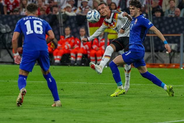 Said El Mala 7 (Germany) drives toward the goal, with Kosta Nedeljkovic 2 (Serbia), Germany vs. Serbia, Soccer, DFL, DFB, UEFA Nations League, 2026–2027 season, group stage, Group B, Matchday 3 of 6, October 1, 2026, Munich, Bavaria, Germany Copyright: xkolbert-press MartinxAgüerax