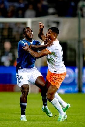 THESSALONIKI, Greece: Forward Andreas Tetteh of Greece and defender Denzel Dumfries of the Netherlands during the UEFA Nations League match between Greece and the Netherlands at Toumba Stadium on October 1, 2026, in Thessaloniki, Greece. Photo by DeFodi Images