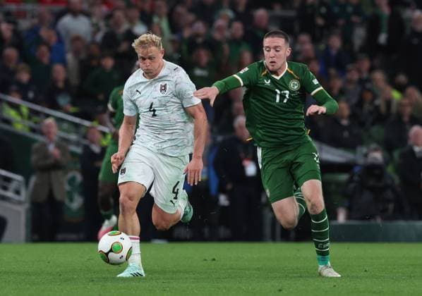 Ireland sJack Moylan and Xaver Schlager of Austria Republic of Ireland v Austria, UEFA Nations League, League B - Group 3, International Football, Aviva Stadium, Dublin, Ireland - 01 Oct 2026Dublin Aviva Stadium Ireland  Copyright: xLorrainexO Sullivan Shutterstockx 17178960bm