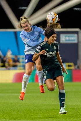 RECORD DATE NOT STATED 1st October 2026; Joie Stadium, Manchester, England; UEFA Womens Champions League Football, Manchester City versus Real Madrid; Andreia Jacinto of Real Madrid Femenino heads the ball TimxWilliams