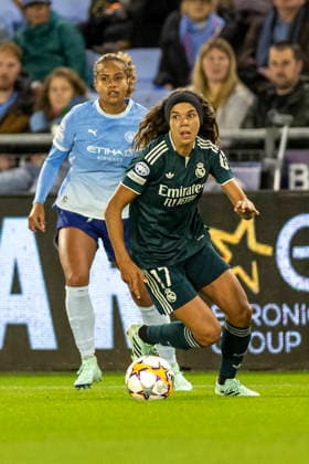 RECORD DATE NOT STATED 1st October 2026; Joie Stadium, Manchester, England; UEFA Womens Champions League Football, Manchester City versus Real Madrid; Andreia Jacinto of Real Madrid Femenino looks to cross the ball TimxWilliams