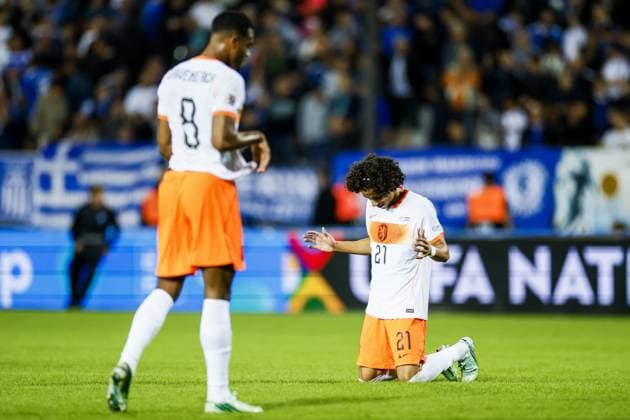 THESSALONIKI - Gjivai ZechiÃ«l of the Netherlands reacts after the 2-2 draw during the UEFA Nations League match between Greece and the Netherlands at the Toumba Stadium on October 1, 2026, in Greece. KOEN VAN WEEL ANP xVIxANPxSportx xxANPxIVx 571103663 originalFilename: 571103663