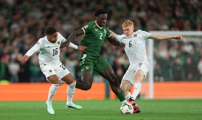 UEFA Nations League Group Stage, Aviva Stadium, Dublin 1 10 2026 Republic of Ireland vs Austria Ireland™s James Abankwah with Phillipp Mwene and Nicolas Seiwald of Austria James Abankwah with Phillipp Mwene and Nicolas Seiwald 1 10 2026  Copyright: xx RDR_9244