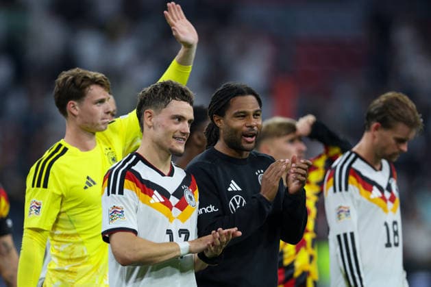 October 1, 2026, GER, Soccer, Men’s, UEFA Nations League International Match, League A, Matchday 3, Germany vs. Serbia: Florian Wirtz (Germany 17) on the left, Serge Gnabry (Germany 20) on the right. DFB and DFL regulations prohibit any use of photographs as image sequences and or quasi-video. Munich, Allianz Arena, Bavaria, Germany Copyright: xNordphoto Schneiderx