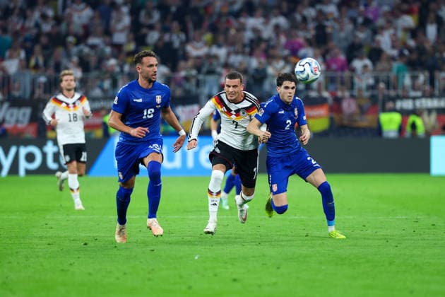 October 1, 2026, GER, Soccer, Men s, UEFA Nations League International Match, League A, Matchday 3, Germany vs. Serbia Strahinja Erakovic Serbia 16, left Said El Mala Germany 7, center Kosta Nedeljkovic Serbia 2, right DFB DFL regulations prohibit any use of photographs as image sequences and or quasi-video Munich Allianz Arena Bayern Germany Copyright: xNordphoto Schneiderx