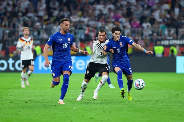October 1, 2026, GER, Soccer, Men s, UEFA Nations League International Match, League A, Matchday 3, Germany vs. Serbia Strahinja Erakovic Serbia 16, left Said El Mala Germany 7, center Kosta Nedeljkovic Serbia 2, right DFB DFL regulations prohibit any use of photographs as image sequences and or quasi-video Munich Allianz Arena Bayern Germany Copyright: xNordphoto Schneiderx