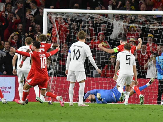 Football - 2026 2027 UEFA Nations League - League A, Group Four: Wales vs. Norway - Cardiff City Stadium - Thursday 1st October 2026 orjan Nyland NORWAY is beaten by a free kick from Neco Williams WALES fromcolorsport winston bynorth