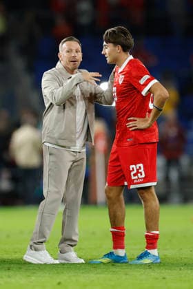 Cardiff, Wales, 1st October 2026. Craig Bellamy coach of Wales and Joel Colwill of Wales react at full time during the Wales vs Norway UEFA Nations League match at the Cardiff City Stadium, Cardiff. Picture credit should read: Cody Froggatt Sportimage EDITORIAL USE ONLY. No use with unauthorised audio, video, data, fixture lists, club league logos or live services. Online in-match use limited to 120 images, no video emulation. No use in betting, games or single club league player publications. SPI_134_CF_WALES_NORWAY SPI-5050-0134