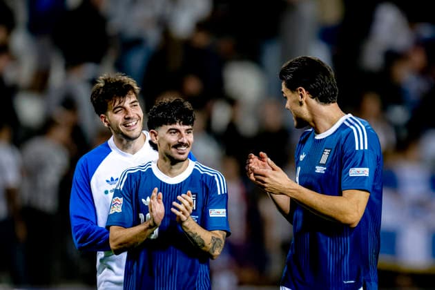 THESSALONIKI: Greece midfielder Thanasis Androutsos and Greece defender Ntinos Mavropanos during the UEFA Nations League match between Greece and the Netherlands at Toumba Stadium on October 1, 2026, in Thessaloniki, Greece. Photo by DeFodi Images
