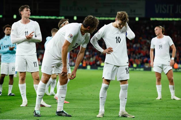Cardiff, Wales, 1st October 2026. Sander Berge and Martin Odegaard of Norway react at full time during the Wales vs Norway UEFA Nations League match at the Cardiff City Stadium, Cardiff. Picture credit should read: Cody Froggatt Sportimage EDITORIAL USE ONLY. No use with unauthorised audio, video, data, fixture lists, club league logos or live services. Online in-match use limited to 120 images, no video emulation. No use in betting, games or single club league player publications. SPI_146_CF_WALES_NORWAY SPI-5050-0146