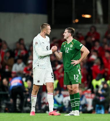 UEFA Nations League Group Stage, Aviva Stadium, Dublin 1 10 2026 Republic of Ireland vs Austria Austria™s Sasa Kalajdzic and Liam Kitching of Ireland after the game Sasa Kalajdzic and Liam Kitching after the game 1 10 2026  Copyright: xx NE1L7473 copy