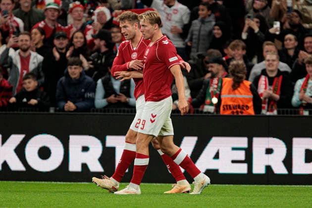 Joachim Andersen and Rasmus Hojlund seen during UEFA Nations League Division A game between National Teams of Denmark and Portugal (Ernest Kolodziej Ball Raw Images) Copenhagen Parken Denmark Copyright: xErnestxKolodziejx ernestkolodziej_denmark_portugal_2627_5-26