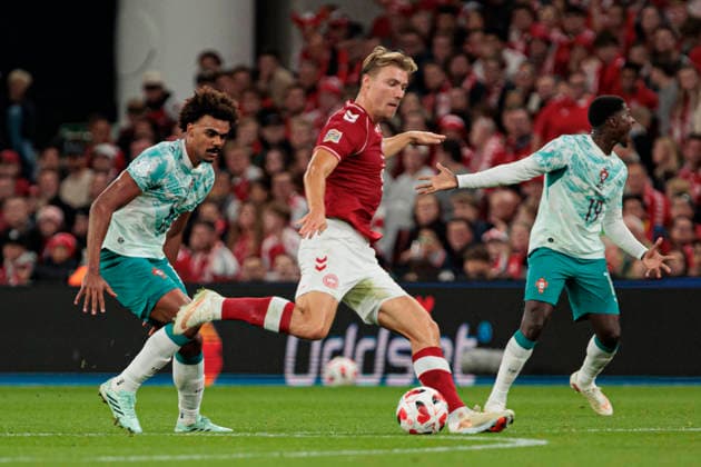 Renato Veiga, Rasmus Hojlund and Nuno Mendes seen during UEFA Nations League Division A game between National Teams of Denmark and Portugal (Ernest Kolodziej Ball Raw Images) Copenhagen Parken Denmark Copyright: xErnestxKolodziejx ernestkolodziej_denmark_portugal_2627_5-7