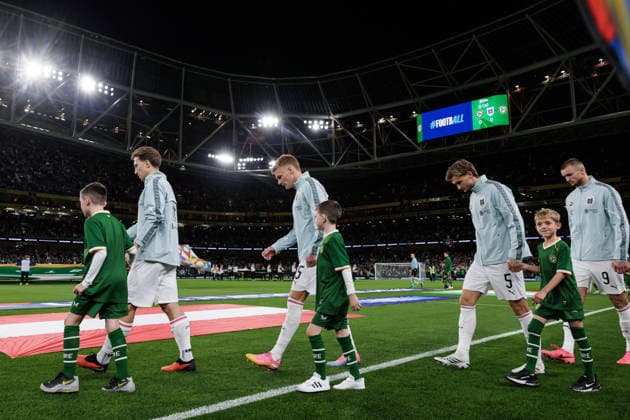 SOCCER - NL, IRL vs AUT DUBLIN,IRELAND,01.OCT.26 - SOCCER - UEFA Nations League, OEFB international match, Länderspiel, Nationalmannschaft Ireland vs Austria. Image shows David Affengruber, Nicolas Seiwald, Stefan Posch and Sasa Kalajdzic (AUT).  GEPAxpictures xArminxRauthner