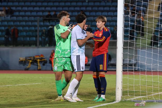 San Marino v Spain - UEFA European Championship, EM, Europameisterschaft Qualifying - Season 2026-2027 1st October 2026, Serravalle, San Marino, San Marino v Spain UEFA European Championship 2027 Qualifying match, Season 2026-2027. Pietro Amici of San Marino steps in as Jesus Rodriguez of Spain clashes with Bartolomeo Riggioni of San Marino during the match. Picture credit should read: Jonathan Moscrop Serravalle San Marino Stadium San Marino