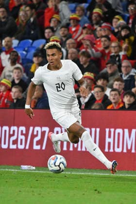 Football - 2026 2027 UEFA Nations League - League A, Group Four: Wales vs. Norway - Cardiff City Stadium - Thursday 1st October 2026 Antonio Nusa NORWAY bursts down the wing colorsport winston bynorth