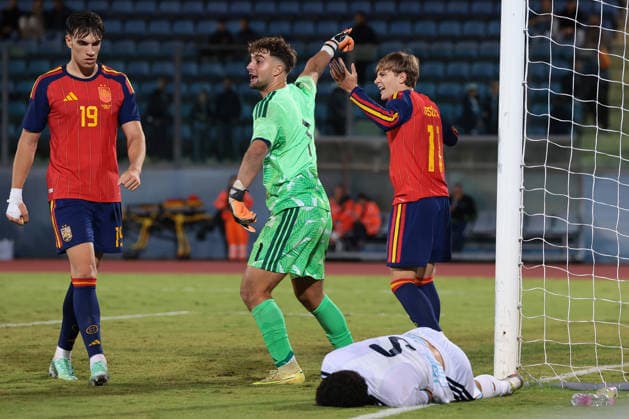San Marino v Spain - UEFA European Championship, EM, Europameisterschaft Qualifying - Season 2026-2027 1st October 2026, Serravalle, San Marino, San Marino v Spain UEFA European Championship 2027 Qualifying match, Season 2026-2027. Carlos Espi of Spain looks on as Pietro Amici of San Marino appeals to the match officals as Jesus Rodriguez of Spain reacts following a clash with Bartolomeo Riggioni of San Marino during the match. Picture credit should read: Jonathan Moscrop Serravalle San Marino Stadium San Marino