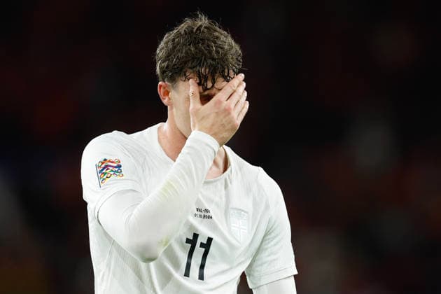 Cardiff, Wales, 1st October 2026. Jorgen Strand Larsen of Norway reacts at full time during the Wales vs Norway UEFA Nations League match at the Cardiff City Stadium, Cardiff. Picture credit should read: Cody Froggatt Sportimage EDITORIAL USE ONLY. No use with unauthorised audio, video, data, fixture lists, club league logos or live services. Online in-match use limited to 120 images, no video emulation. No use in betting, games or single club league player publications. SPI_153_CF_WALES_NORWAY SPI-5050-0153