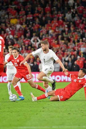 Football - 2026 2027 UEFA Nations League - League A, Group Four: Wales vs. Norway - Cardiff City Stadium - Thursday 1st October 2026 Kristoffer Ajer NORWAY & Brennan Johnson WALES colorsport winston bynorth