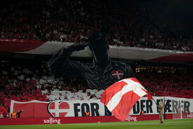 Tifo of Danish fans seen during UEFA Nations League Division A game between National Teams of Denmark and Portugal (Ernest Kolodziej Ball Raw Images) Copenhagen Parken Denmark Copyright: xErnestxKolodziejx ernestkolodziej_denmark_portugal_2627_6-2