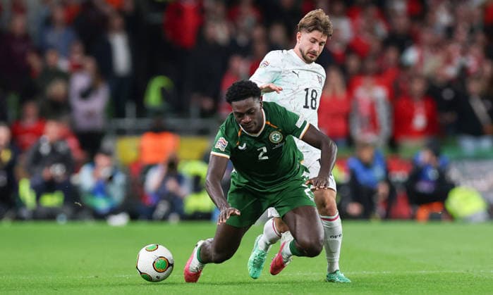UEFA Nations League Group Stage, Aviva Stadium, Dublin 1 10 2026 Republic of Ireland vs Austria Ireland™s James Abankwah with Romano Schmid of Austria James Abankwah with Romano Schmid 1 10 2026  Copyright: xx RB1_0115