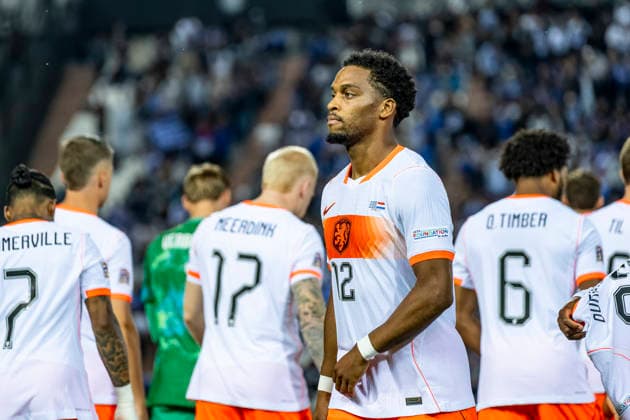 THESSALONIKI: Netherlands defender Jurrien Timber during the UEFA Nations League match between Greece and the Netherlands at Toumba Stadium on October 1, 2026, in Thessaloniki, Greece. Photo by DeFodi Images