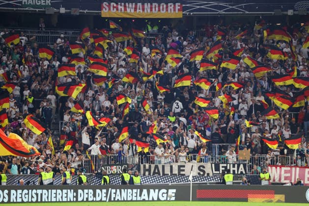 German flags in the fan section, GER, Germany vs. Serbia, soccer, UEFA Nations League, Matchday 3, 2026–2027 season, October 1, 2026, GER, Germany vs. Serbia, soccer, UEFA Nations League, Matchday 3, 2026–2027 season, October 1, 2026, Munich Copyright: xEibner-Pressefoto JennixMaulx EP_JML