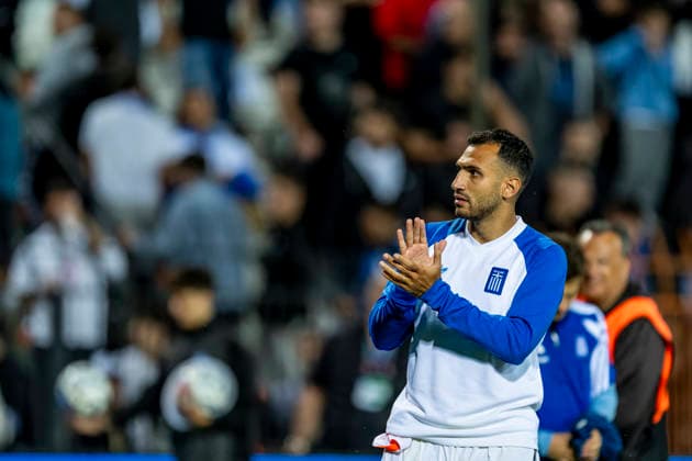 THESSALONIKI, Greece: Forward Vangelis Pavlidis of Greece during the UEFA Nations League match between Greece and the Netherlands at Toumba Stadium on October 1, 2026, in Thessaloniki, Greece. Photo by DeFodi Images