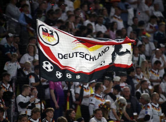 Germany vs. Serbia, Soccer, Men s, 2026–2027 Season, International Match, Nations League, Matchday 3, League A, Group 2, Allianz Arena. Here is a Germany fan flag in the fan section.
