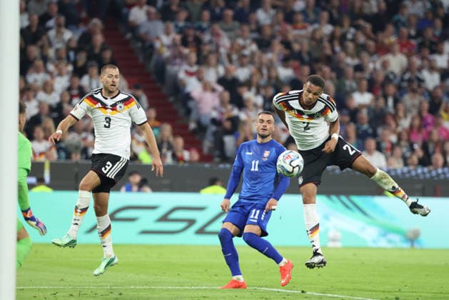 Malick Thiaw (Germany, No. 02) with the ball alongside Filip Kostic (Serbia, No. 11) and Waldemar Anton (Germany, No. 03), GER, Germany vs. Serbia, Soccer, UEFA Nations League, Matchday 3, 2026–2027 Season, October 1, 2026, GER, Germany vs. Serbia, soccer, UEFA Nations League, Matchday 3, 2026–2027 season, October 1, 2026, Munich Copyright: xEibner-Pressefoto JennixMaulx EP_JML