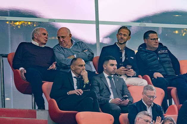 Uli Hoeness, Honorary President of FC Bayern Munich, and Dieter Hoeness in the stands; to their right, Rouven Kasper, Chief Marketing Officer of FC Bayern Munich, and Max Eberl, Sporting Director of FC Bayern Munich; GER, Germany vs. Serbia, soccer, UEFA Nations League, League A group stage, Matchday 3, 2026–2027 season, October 1, 2026. DFL and DFB regulations prohibit any use of photographs as image sequences and or quasi-video. Photo: HMB Media, Heike Feiner Copyright: HMBxMedia HeikexFeiner