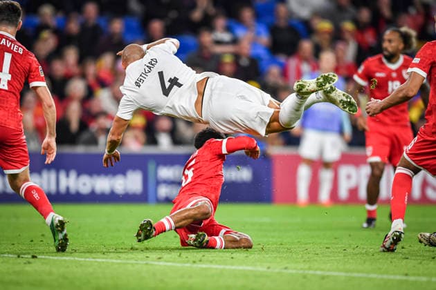RECORD DATE NOT STATED 1st October 2026; Cardiff City Stadium, Cardiff, Wales; UEFA Nations League Football, Wales versus Norway; Leo Ostigard of Norway is upended by Jay Dasilva of Wales but no foul is given GodfreyxPitt