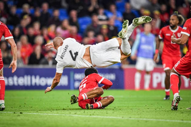 RECORD DATE NOT STATED 1st October 2026; Cardiff City Stadium, Cardiff, Wales; UEFA Nations League Football, Wales versus Norway; Leo Ostigard of Norway is upended by Jay Dasilva of Wales but no foul is given GodfreyxPitt