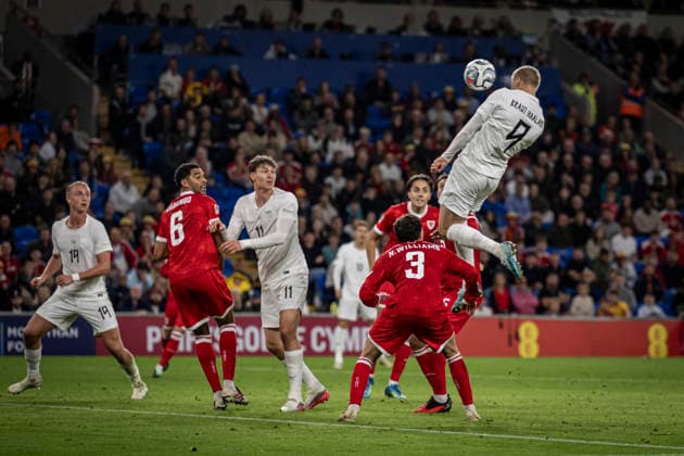 RECORD DATE NOT STATED 1st October 2026; Cardiff City Stadium, Cardiff, Wales; UEFA Nations League Football, Wales versus Norway; Erling Haaland of Norway heads towards goal GodfreyxPitt