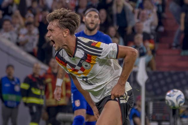Munich, Germany October 1, 2026 UEFA Nations League 2026–2027 League Phase Group A2 Match 3 Germany vs. Serbia Pictured: Goal scorer Tom Bischof (GER) celebrates after scoring the 1–0 goal. DFB and DFL regulations prohibit any use of photographs as image sequences and or quasi-video Allianz Arena, Bavaria Copyright: xFotostandx xSchäferx