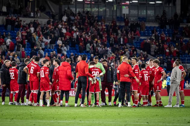 RECORD DATE NOT STATED 1st October 2026; Cardiff City Stadium, Cardiff, Wales; UEFA Nations League Football, Wales versus Norway; Wales players and staff celebrate after the final whistle GodfreyxPitt