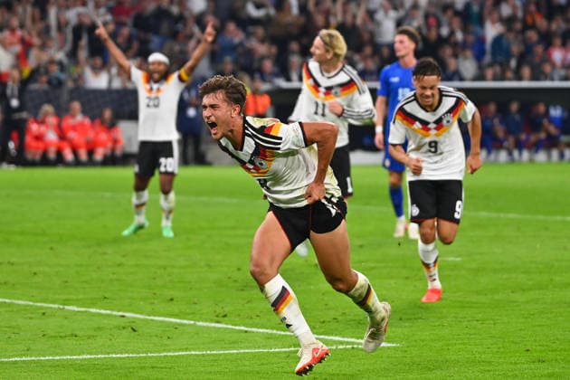Tom BISCHOF (GER) celebrating a goal to make it 1-0; celebration, joy, excitement, action, individual play, single frame, cutout, full-body shot, full-figure shot; soccer Nations League group stage, Group B, Matchday 3: Germany (GER) vs. Serbia (SRB) 2–0 on October 1, 2026, Allianz Arena