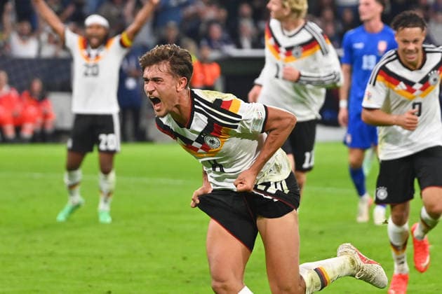 Goal celebration: Tom BISCHOF (GER) after scoring the 1-0 goal, Celebration, Joy, Excitement, Action, Single Frame, Cropped Single Shot, Half-Length Shot, Half-Figure Soccer Nations League Group Stage, Group B, Matchday 3: Germany (GER) vs. Serbia (SRB) 2–0 on October 1, 2026, ALLIANZ ARENA
