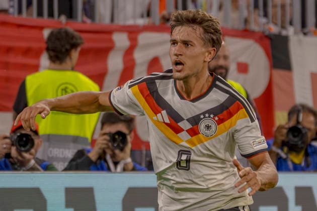 Munich, Germany October 1, 2026 UEFA Nations League 2026–2027 League Phase Group A2 Match 3 Germany vs. Serbia Pictured: Goal scorer Tom Bischof (GER) celebrates after scoring the 1–0 goal. DFB and DFL regulations prohibit any use of photographs as image sequences and or quasi-video Allianz Arena, Bavaria Copyright: xFotostandx xSchäferx