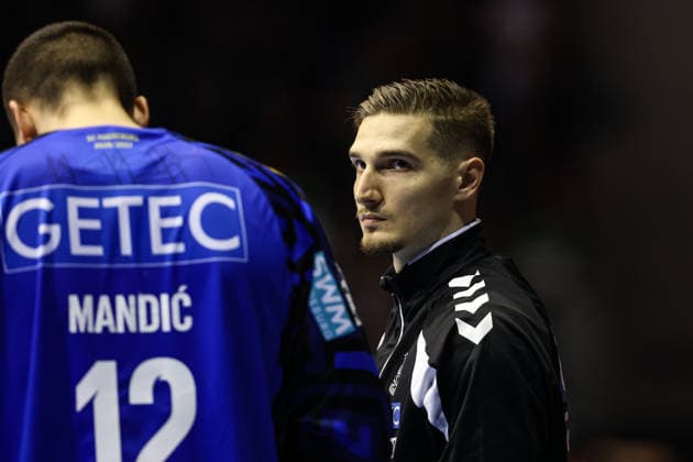 Goalkeeper Dominik Kuzmanovic, SC Magdeburg, 1, and goalkeeper Matej Mandic, SC Magdeburg, 12, Handball Bundesliga 2026–2027 season: SC Magdeburg vs. THW Kiel at the GETEC Arena in Magdeburg. Action, handball,Germany, September 30, 2026