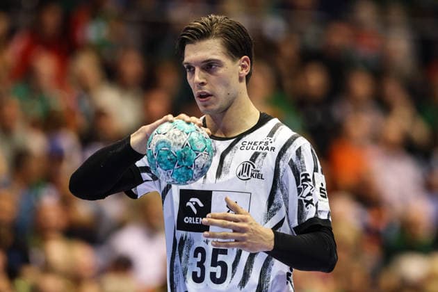 Domen Makuc, THW Kiel, 35th Handball Bundesliga Season 2026–2027: SC Magdeburg vs. THW Kiel at the GETEC Arena in Magdeburg; single frame, action, handball, Germany, September 30, 2026