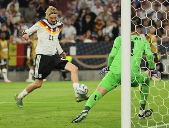 October 1, 2026, Nations League, Germany vs. Serbia, Allianz Arena, Munich, Soccer, Pictured: Nick Woltemade; Germany falls to Djordje Pertovic s Serbia